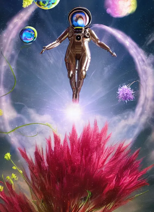 Image similar to An epic fantastic realism comic book style painting of the most beautiful flowers launched into space, perfect shiny silver iridescent spheres, bouquets, fisheye lens, unreal 5, DAZ, hyperrealistic, octane render, dynamic lighting