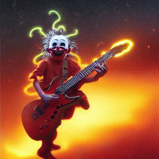 Prompt: UHD closeup of a clown playing electric guitar during a lightning storm on Mars, by Antonio Caparo and Ferdinand Knab and Greg Rutkowski, UHD, photorealistic, trending on artstation, trending on deviantart