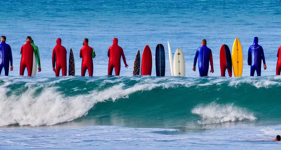 Image similar to worshippers in robes belonging to the cult of the surfers, surfing in waves, standing on surfboards, surfing inside one large barreled wave, high detailed colors, blue