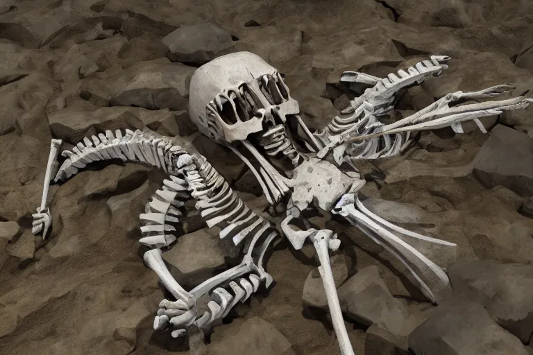 Image similar to Fossilized armored goddess skeleton being excavated from the ground. 8k