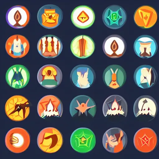 Prompt: wizard skills icons set, UI, HD vector art, trending on artstation