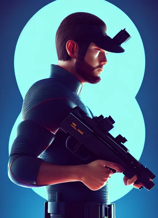 Image similar to side profile centered portrait, man with a gun, spaceship in the background, by artgerm, miles johnstone, frames,. poster, 8 k. elegant, intricate, octane render