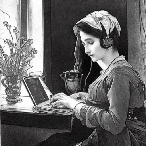 Prompt: A woman at a coffeeshop working on her laptop and wearing headphones, painting by Alphonse Mucha