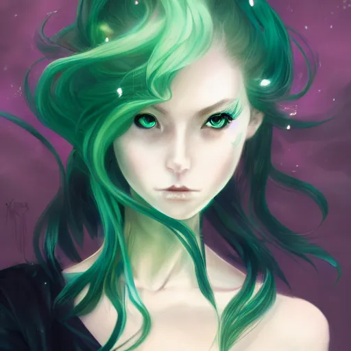 Prompt: facial portrait of a young pretty anime woman, green hair, dark eyes, gothic eyeliner, headshot, Charlie Bowater, Anna Dittmann, WLOP, Rumiko Takahashi, Akihiko Yoshida, Hyung-tae Kim, alexander mcqueen, trending on Artstation