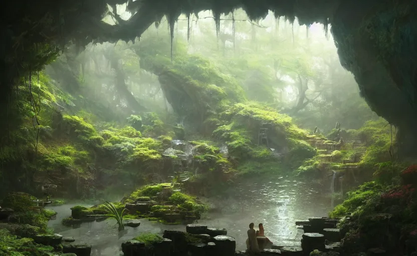 Image similar to painting of an interior of a hidden japanese hotspring in a small cave, fantasy, lush plants and flowers, natural light, concept art, by greg rutkowski, cozy atmospheric and cinematic lighting, trending on artstation