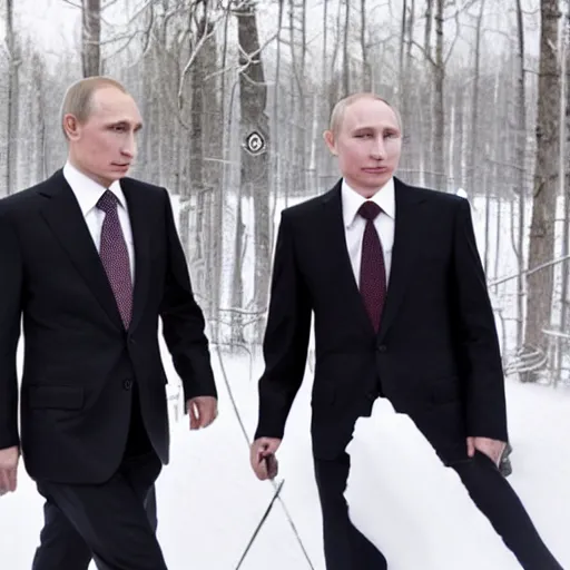 Image similar to A photo of putin teams up with a teenage putin, perfect faces, 50 mm, award winning photography