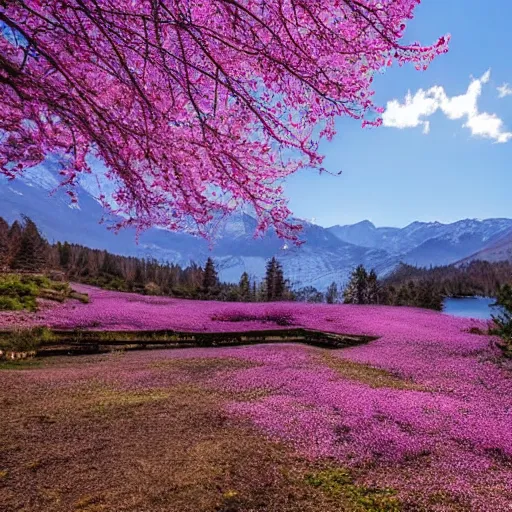 Image similar to forest and lakes with purple Sakura flowers with snow mountains at the background