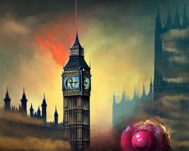 Prompt: big ben destroyed by a powerful juice explosion, painting by frank frazetta, 3 d rendering by beeple, wlop