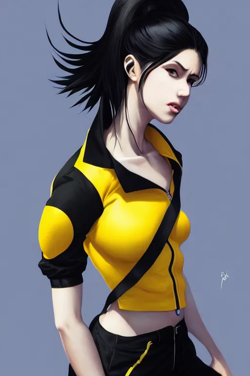 Image similar to black ponytail hair, pale woman in a black unzipped jacket, black shorts, yellow eyes, by artgerm, beautiful render, matte painting, realistic, dynamic angle, wlop, loish, octane render, sharp focus, decadent, by greg rutkowski makoto shinkai