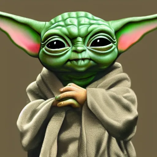 Image similar to portrait of baby yoda, highly detailed, centered, solid color background, digital painting