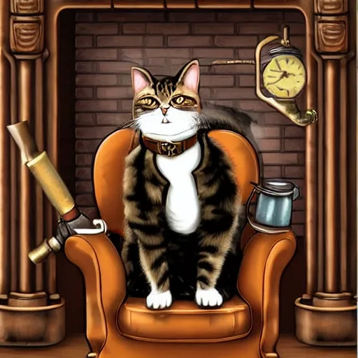 Image similar to steampunk cat sits in a chair in front of a fireplace in a book lined room and smokes a pipe. realistic and detailed