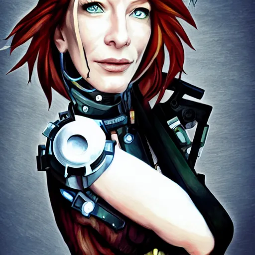 Prompt: cyborg cate blanchett, anime,drawing ,steampunk