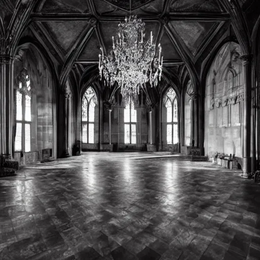 Image similar to large gothic hall with large chandeliers under the ceiling, horror movie, moonlight