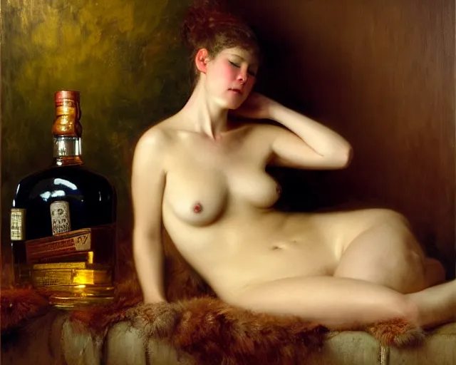 Image similar to an exhausted polar bear girl in her studio with a bottle of whisky. furry body. highly detailed painting by gaston bussiere, craig mullins, j. c. leyendecker 8 k