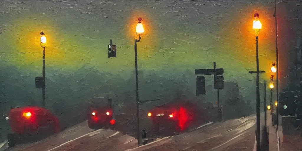 Prompt: impasto landscape, globs of paint, twin peaks washington, pike place, north bend, foggy, lonely!!! quiet, glowing green and red street lights, railroad crossing