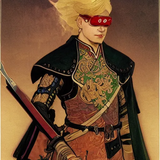 Prompt: portrait : : clearly visible face : : : swashbuckling albino rogue wearing ss uniform leather armor with hand on hilt : : tang dynasty sword with blowtorch flame for blade : : goggles pushed up on forehead : : concept art by rutkowski and alphonse mucha and barlowe