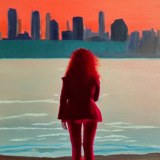 Prompt: lonely young woman with red hair, magenta coat, and light blue pants ; wandering a beach at sunset with a city skyline on the horizon, oil painting, warm lighting, swimming pool in foreground