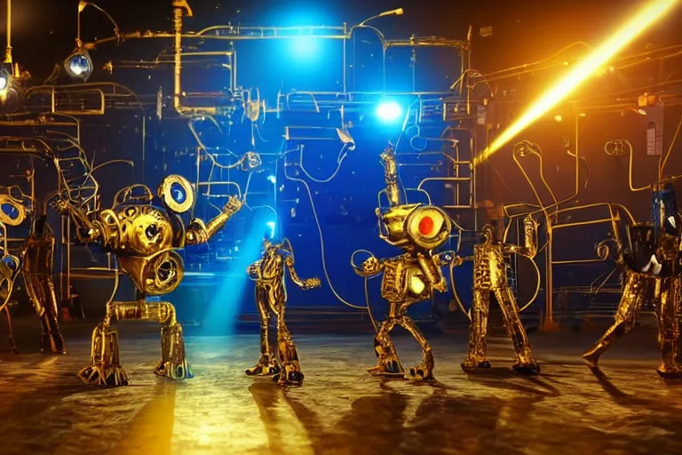 Prompt: scene from the voice of america, on stage are 4 golden and blue metal humanoid steampunk robots dancing wild, robots are wearing golden gears and tubes, eyes are glowing red lightbulbs, shiny crisp finish, 3 d render, 8 k, insaneley detailed, fluorescent colors, nightlight