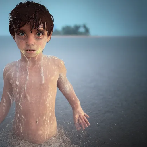 Prompt: boy wearing white wet tunic and short undewear standing in the water at the beach. faceing the camera. devil red eyes. spread hands. night time. fog. lights in the sky. 8 k, photorealistic, cg