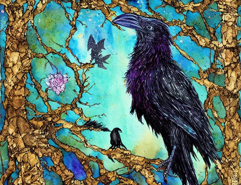 Prompt: faerie raven in the lichen woods. this watercolor and gold leaf work by the award - winning mangaka has a beautiful composition and intricate details.
