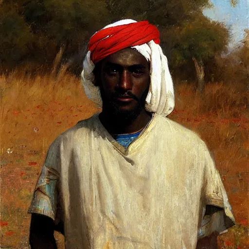 Image similar to Solomon Joseph Solomon and Richard Schmid and Jeremy Lipking Middle eastern genre painting portrait painting of a 17 year old handsome Mediterranean skinned man in colorful ancient Canaanite tunic, field background