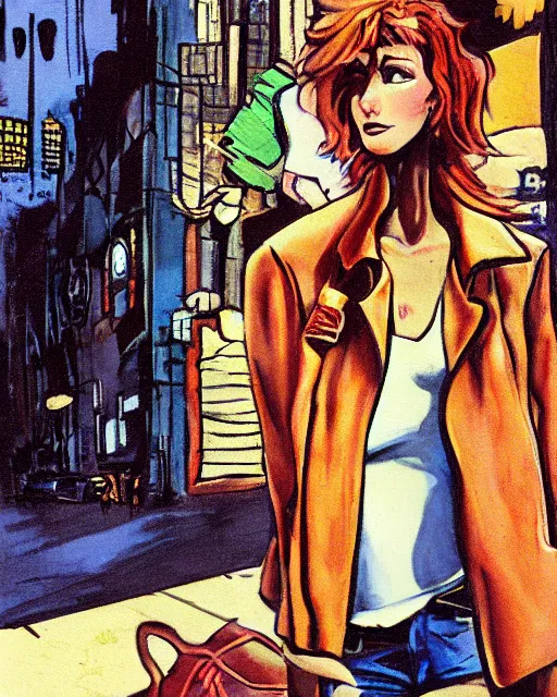 Image similar to young female protagonist in leather jacket, city street, artwork by ralph bakshi