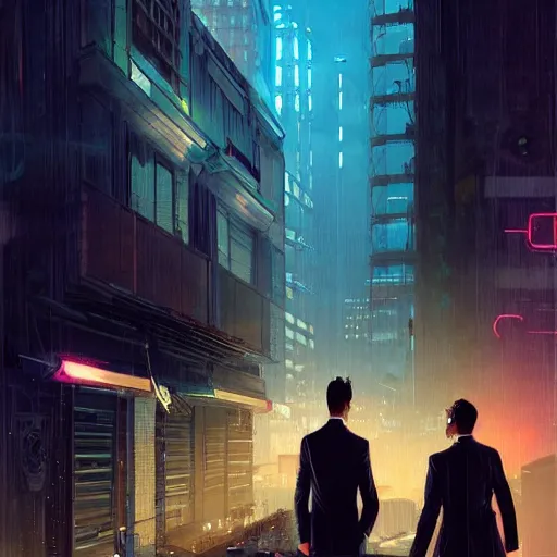 Image similar to two cyberpunk businessmen, detailed digital illustration by greg rutkowski, cyberpunk back alley, nighttime, colorful lighting