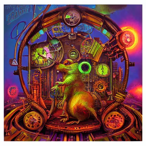 Image similar to steampunk rat, acid, 303, psychedelic, by paul lehr, cd cover for psytrance artist