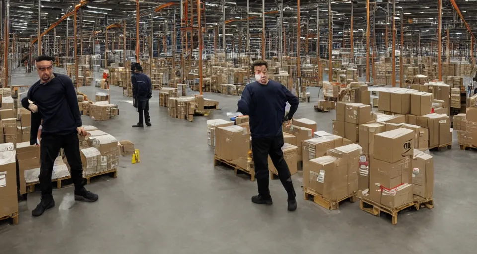 Prompt: film still of a heist movie about liberating Amazon warehouse workers