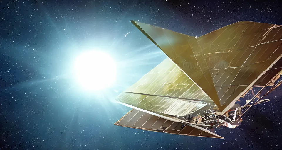 Image similar to solar sail, floating in space between the sun and earth, cartoon illustration