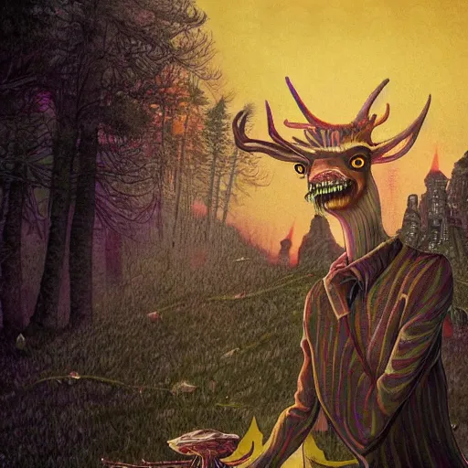 Image similar to 4 k headshot portrait of a psychedelic demonic anthropomorphic deer - horned wendigo smoking a hand - rolled cigarette smoking heavily, magic mushroom village in background. award winning. superb resolution. in the art style of junji ito and greg rutkowski. detailed mushroom city in background. hyper realistic anime. perfect art. dalle 2