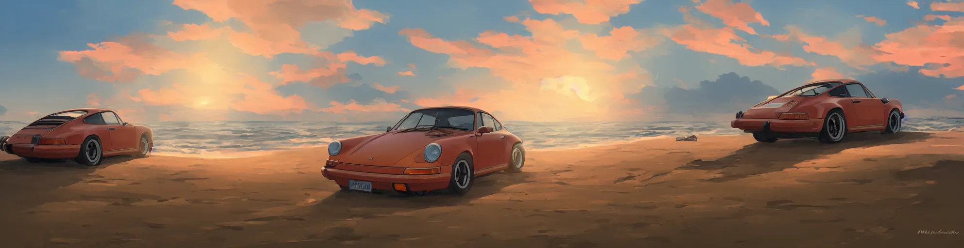 Image similar to beautiful, detailed digital painting of a porsche 9 1 1 on the beach and looking at the sunset, anime by makoto shinkai, sand, waves, trending on artstation
