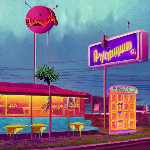 Image similar to psychedelic fast food restaurant near the beach by simon stalenhag