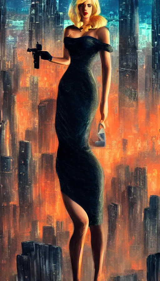 Prompt: a portrait of a beautiful blonde femme fatale woman wearing a cocktail dress, and pointing a pistol, long hair, in a futuristic blade runner city, art by Glen Orbik, trending on Artstation, 8K,