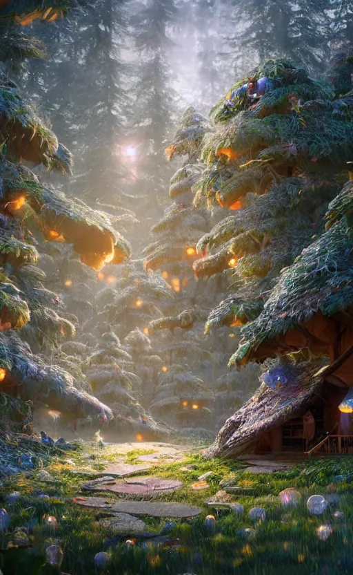 Image similar to a hut made of fur, magical forest, community, robots, electric swirls, furry, soft, concept art, intricate details, highly detailed, photorealistic, disney pixar, octane render, iridescent, anime, 8 k