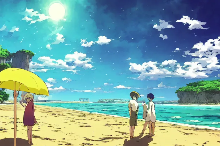 Image similar to cell shaded anime key visual of the beach episode in the style of studio ghibli, moebius, makoto shinkai, dramatic lighting