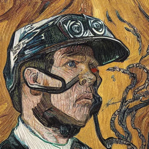 Image similar to Illustrated by Shepard Fairey and Greg Rutkpwski | Cyberpunk Van Gogh with VR helmet, surrounded by cables