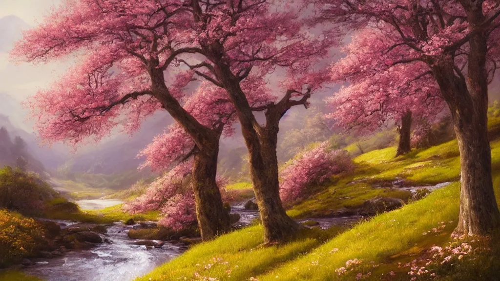 Prompt: A beautiful landscape oil painting of a hill with trees, the spring has arrived and the trees are blooming and covered with colorful flowers, the flowers are yellow, pink, purple and red, the river is zigzagging and flowing in its way, the river has lots of dark grey rocks, by Greg Rutkowski