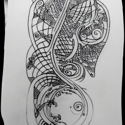 Image similar to Voynich manuscript illustration outline tattoo design, black ink on white paper