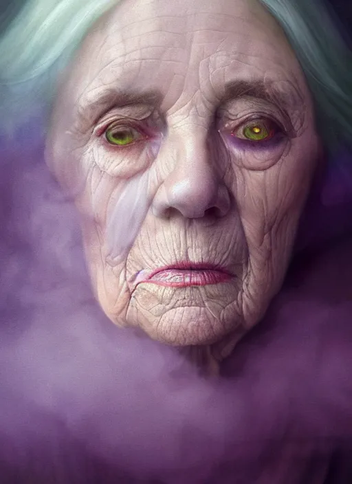 Image similar to an ethereal, misty portrait of an old woman whose face is accented with neon - toned glowing eyeliner. the makeup floats off her face and joins swirling clouds of smoke and fog, becoming an aurora. muted tones. surreal portrait, cinematic lighting, 8 k, smooth, sharp focus, digital painting, rendered in octane, painted by tom bagshaw, artgerm
