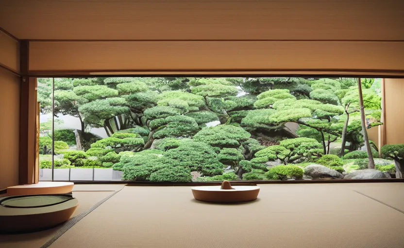 Image similar to futuristic minimalist japanese living room, zen garden, coherent composition, architecturally accurate, architecture photography, 8 k