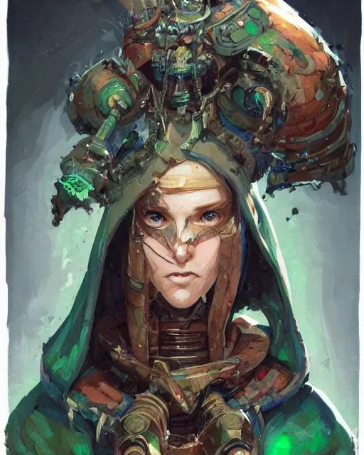 Image similar to character design, cyborg spellcaster, green robes, pen and ink, oil painting portrait, colorful, style by ian mcque, craig mullins, emil melmoth, + in style of charlie bowater, peter mohrbacher, marc simonetti, trending on artstation cgsociety, cinematic 8 k