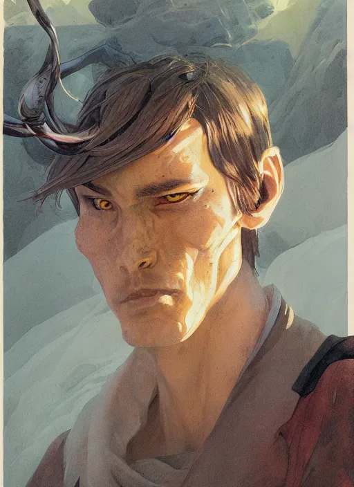 Prompt: a portrait of a male character who has two small, snake-like nostrils in place of a nose in a scenic environment by Ross Tran and by Jesper Ejsing and by Mikalojus Konstantinas Ciurlionis