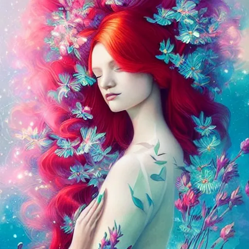 Image similar to aesthetic! angelic! redhead portrait by Anna Dittmann and Harumi Hironaka and Filip Hodas, flowers, magical, artsy