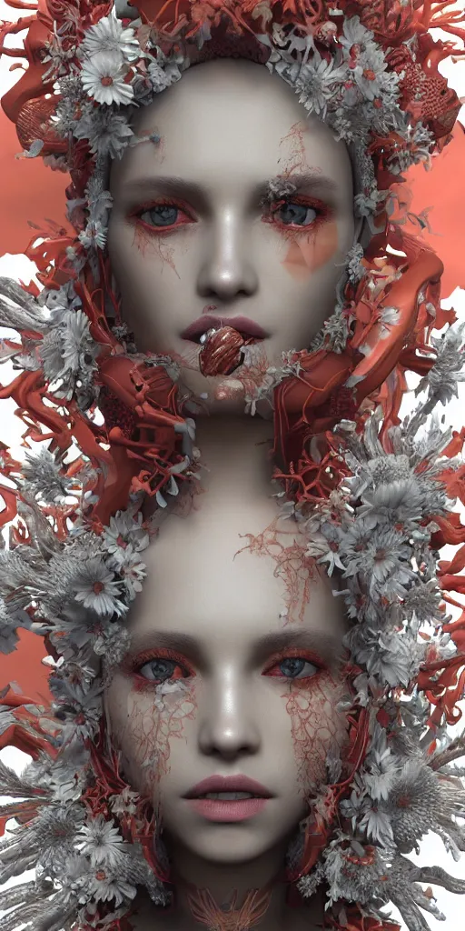 Prompt: complex 3 d render, hyper detailed, ultrasharp, beautiful cuber queen portrait with a porcelain profile face, natural soft rim light, headdress made of corals, daisies, colorful vapor, jellyfish, expensive red fabric, cyberpunk metallic brackets, ferra white mecha, by alexander mcqueen, octane highly render, 4 k, ultra hd