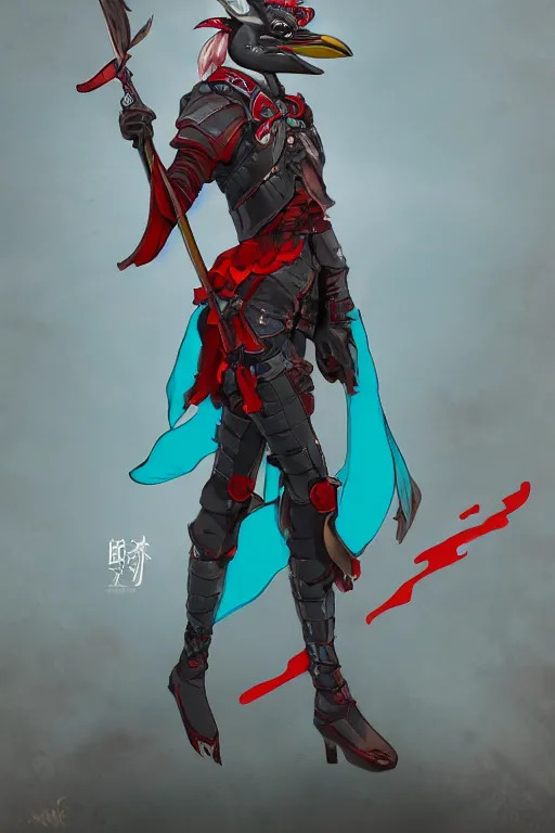 Image similar to female adventurer in tight full - body teal leather armor of japanese design with red accents and a white porcelain crow mask, trending in artstation, japanese, artstation, big moon in the background establishing shot