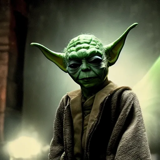 Image similar to stunning awe inspiring yoda as the joker, movie still 8 k hdr atmospheric lighting