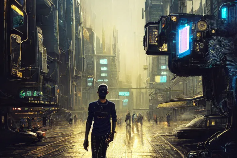 Prompt: A cyberpunk very highly detailed camera man with black skin, short hair cut, tiny thin mustache, thin face, with very highly detailed face on the street of a very highly detailed smooth cyberpunk city digital concept art by Greg Rutkowski, neofuturistic highly detailed, digital concept art, Dimensional cyan gold natural light, sharp focus, Golden Ratio illustration, realistic concept art by Stephen Hickman and James Gurney and Hiromasa Ogura Ghost in the Shell rendered in Octane Render, From the distance