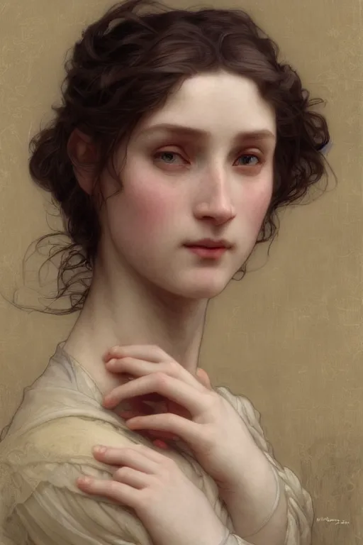 Image similar to Portrait of beautiful pale peasant girl, cinematic lighting, intricate, elegant, highly detailed, digital painting, artstation, smooth, sharp focus, illustration, art by artgerm and greg rutkowski and alphonse mucha and Wayne Barlowe and william-adolphe bouguereau