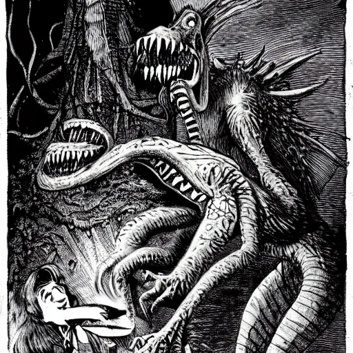Prompt: beware the jabberwock, my son! the jaws that bite, the claws that catch! beware the jubjub bird, and shun the frumious bandersnatch! | by lewis carroll and hp lovecraft with doctor seuss and hr giger